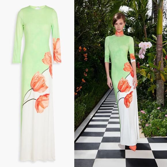 Alice + Olivia Delora‎ Open Back Green Tulip Print 3/4 Sleeve Crew Maxi Dress 6 - Picture 1 of 12